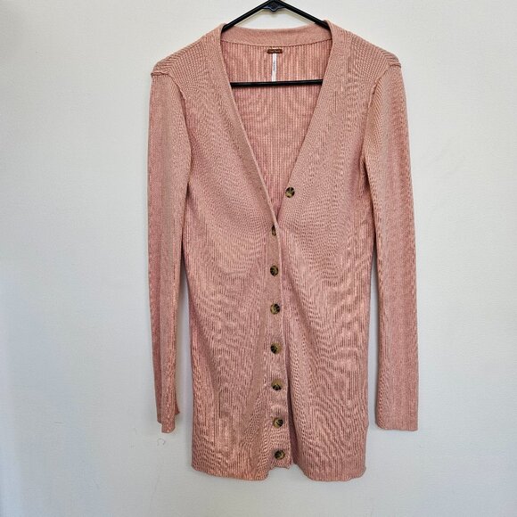 Free People Sweaters - Free People Pink Ribbed Long Cardigan Sweater Size S Button Cashmere Silk Cotton